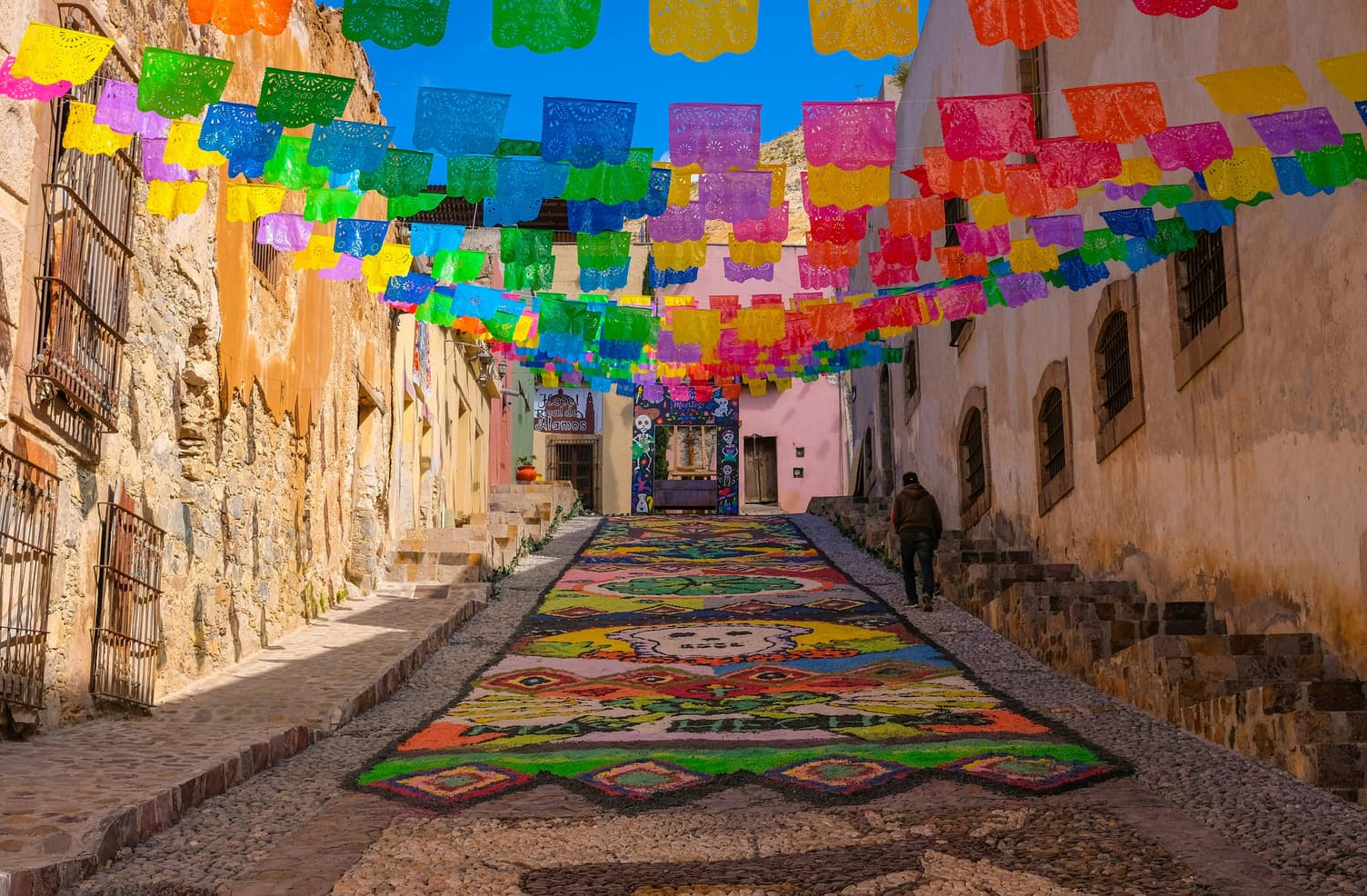 Street decorations for the Day of the Dead (Dia de Muertos) celebrations.